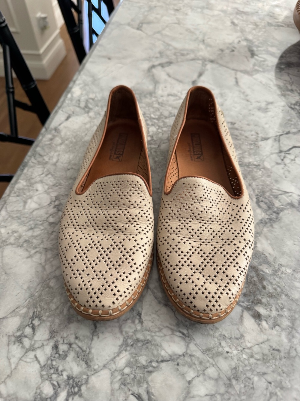 Pikolinos Leather Perforated Slip-On Flats in Beige with Tan Trim 38